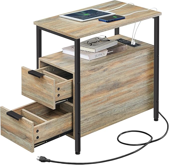 VASAGLE Side Table with Charging Station, Narrow End Table with 2 Drawers by VASAGLEbySONGMICSHOME