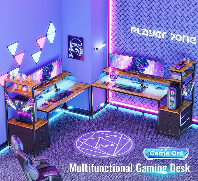 PRAISUN 61.7" Gaming Desk with LED Lights & Outlets, Computer Desk with 3 - Image 3