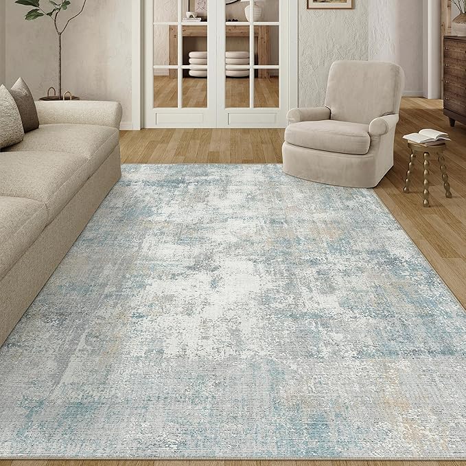 6x9 Washable Area Rug Blue Cream Modern Neutral Abstract Living Room Bedroom - Image 4