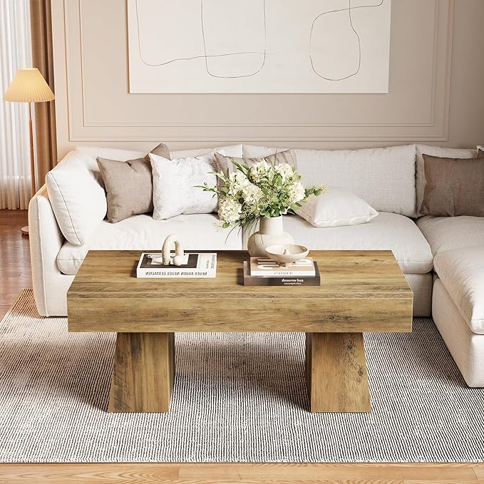 LITTLE TREE Farmhouse Coffee Table, 47 Inches Wooden Rectangular Accent Center - Image 4