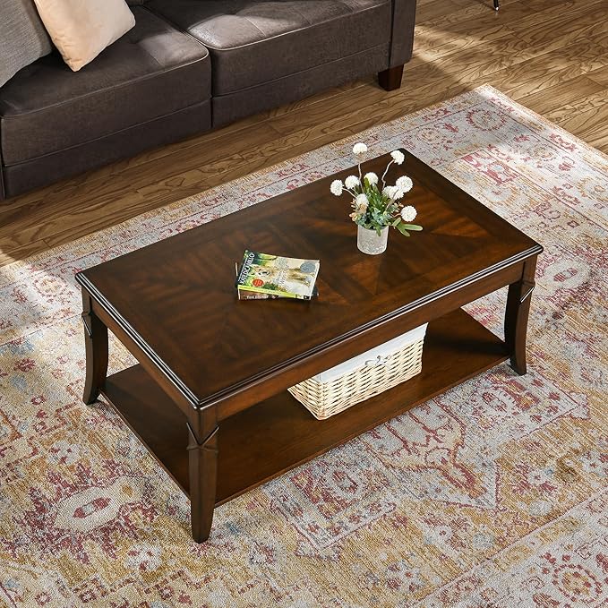 Solid Wood Coffee Table with Storage Shelf, Rectangle Coffee Table - Image 6