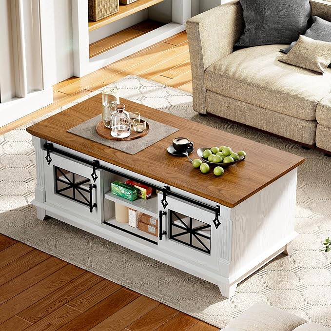 IRONCK 48'' Coffee Table with Sliding Barn Doors, Rustic Center Table with 6 - Image 7