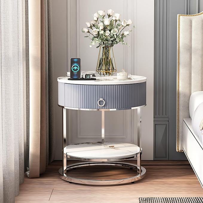 OIOG Modern End Table with Drawer, 2 Tier Side Table with Shelf, Round - Image 8