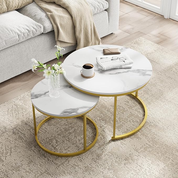 Smuxee White Nesting Coffee Table Set of 2, 27.6" Round Coffee Table Wooden - Image 9