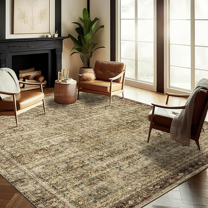 Area Rug 6x9 Washable Rug Dark Brown Vintage Traditional Distressed Thin Retro by CHAMPLANT