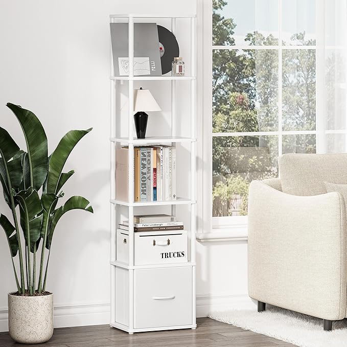6-Tier Bookshelf with Drawer, Narrow Bookshelves Organizer, Floor Standing - Image 6