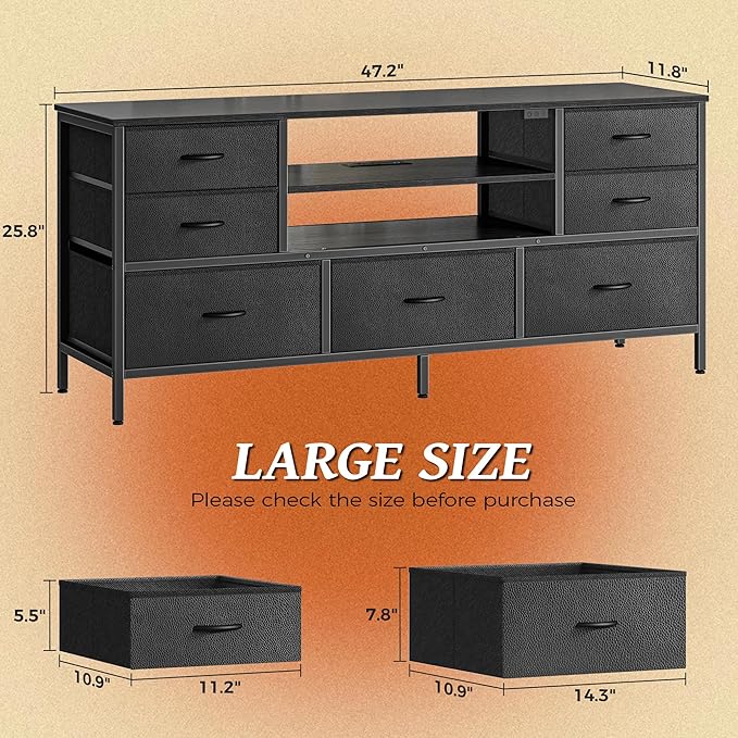 Huuger TV Stand Dresser with Power Outlets and LED Lights, 7 Drawer Console - Image 3
