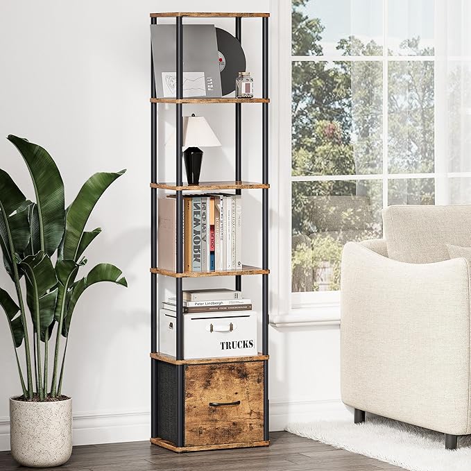 6-Tier Bookshelf with Drawer, Narrow Bookshelves Organizer, Floor Standing - Image 5
