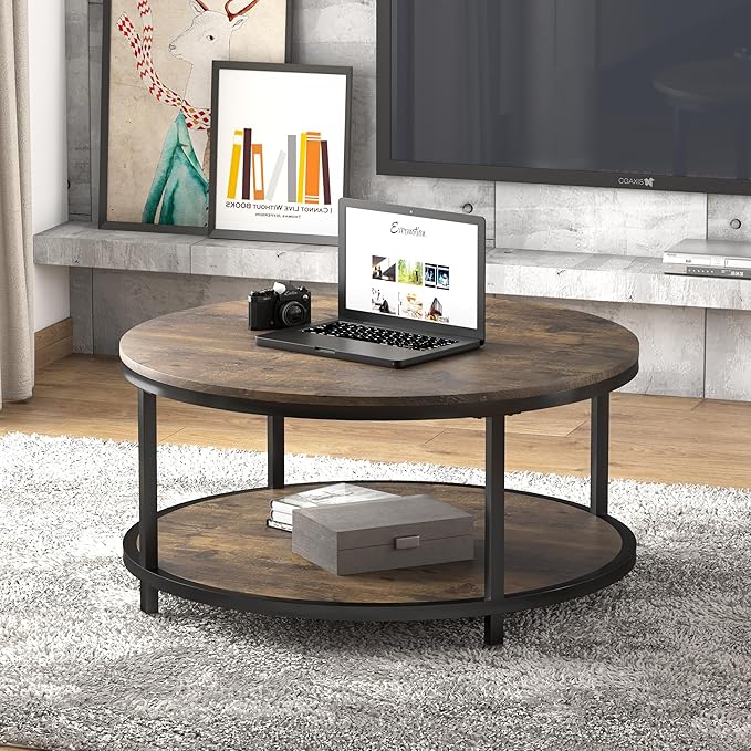NSdirect 36 inches Round Coffee Table, Rustic Wooden Surface Top & Sturdy Metal - Image 3
