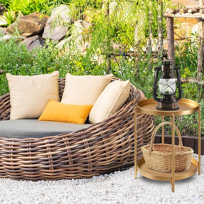 danpinera 2-Tier End Table, Outdoor Side Table Metal Round Side Table - Image 2