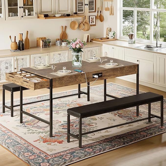 VECELO 65" Dining Table Set for 4-6, 3-Piece Kitchen Set - Image 3