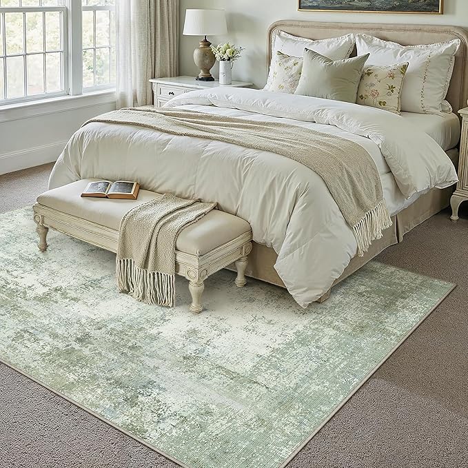 6x9 Washable Area Rug Green Modern Neutral Abstract Living Room Bedroom Indoor - Image 3