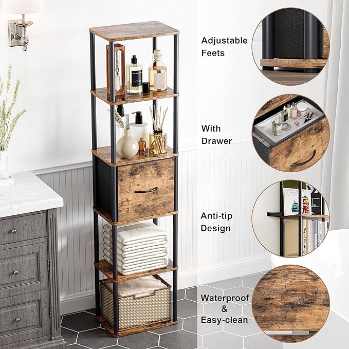 6-Tier Bookshelf with Drawer, Narrow Bookshelves Organizer, Floor Standing - Image 4