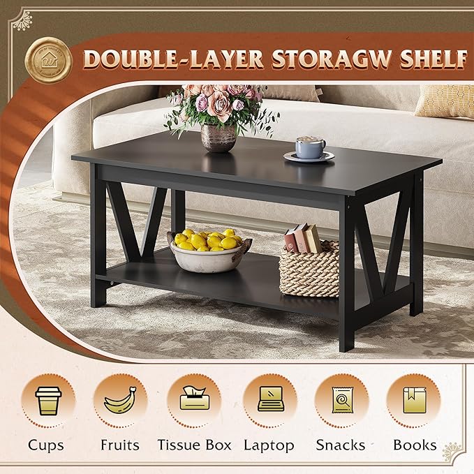 WLIVE Coffee Table with Storage Shelf, 39.4" Farmhouse Coffee Table with - Image 5