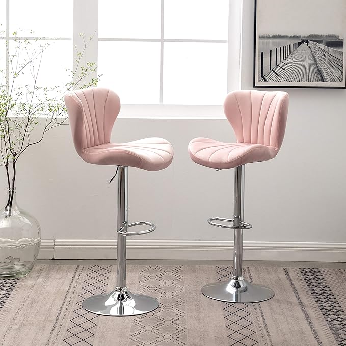 Roundhill Furniture Ellston Velvet Adjustable Swivel Barstools in Pink - Image 3