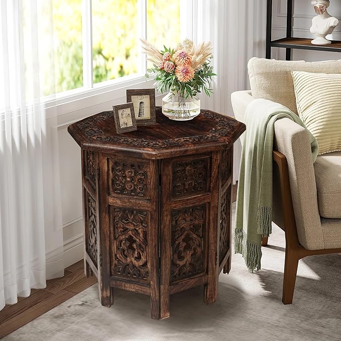 The Wooden Town End Tables for Living Room– Hand Carved Vintage Boho Folding - Image 6