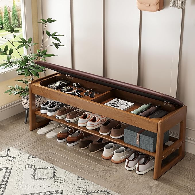Shoe Rack Bench Seat Rubberwood 2-Tier Wooden Storage Bench 550lbs Compact by IUNVR