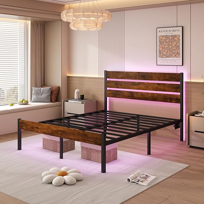 Full Size Bed Frame with Headboard, Heavy Duty LED Bed Frame with USB Charging - Image 6