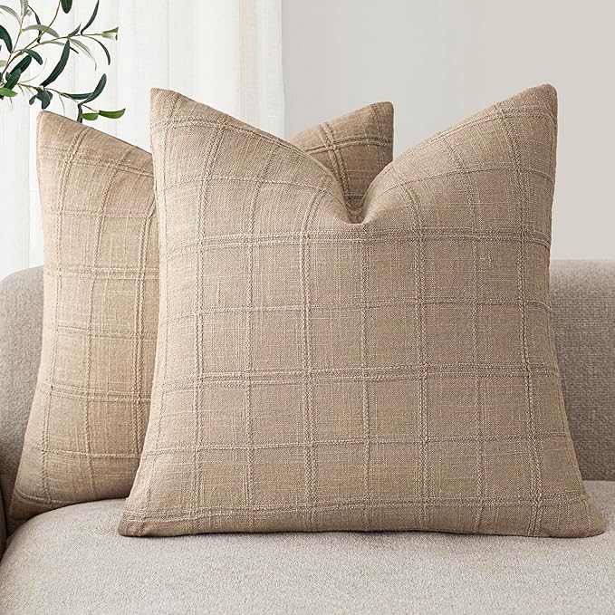 Foindtower Set of 2 Decorative Linen Check Throw Pillow Covers Neutral by Foindtower