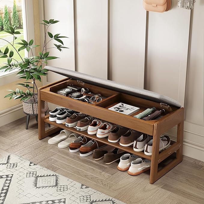 Shoe Rack Bench with Cotton-Linen Cushion 2-Tier Wooden Storage Bench 550lbs by IUNVR