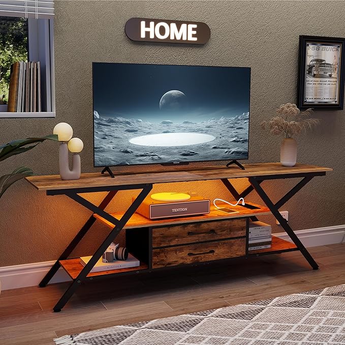 TV Stand with Power Outlet and LED Lights, Fits TVs up to 65”, 2 Fabric Drawers by Simoretus