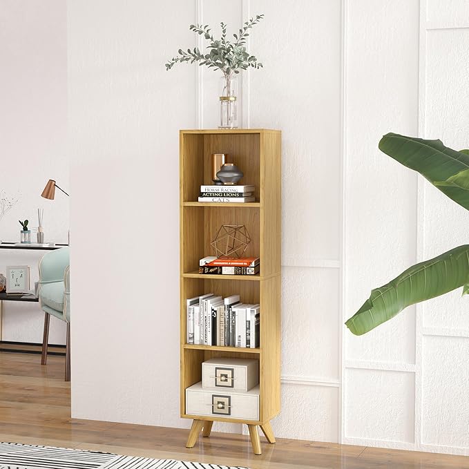 Manora Small Bookcase with 4 Open Shelves, Modern Bookshelf with Wooden Legs - Image 7