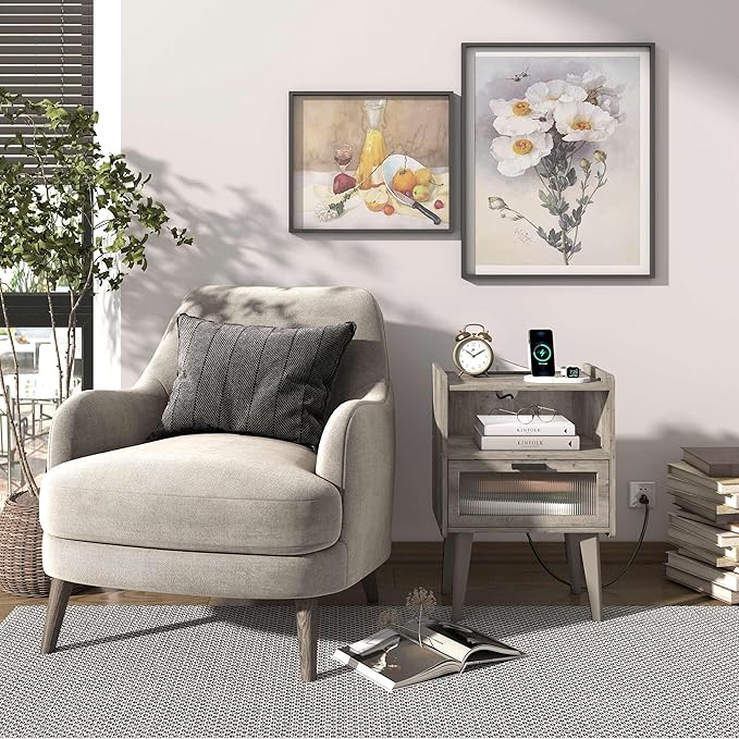 Nightstand with Charging Station, Bedside Tables Oak Grey End Table Side Table - Image 5