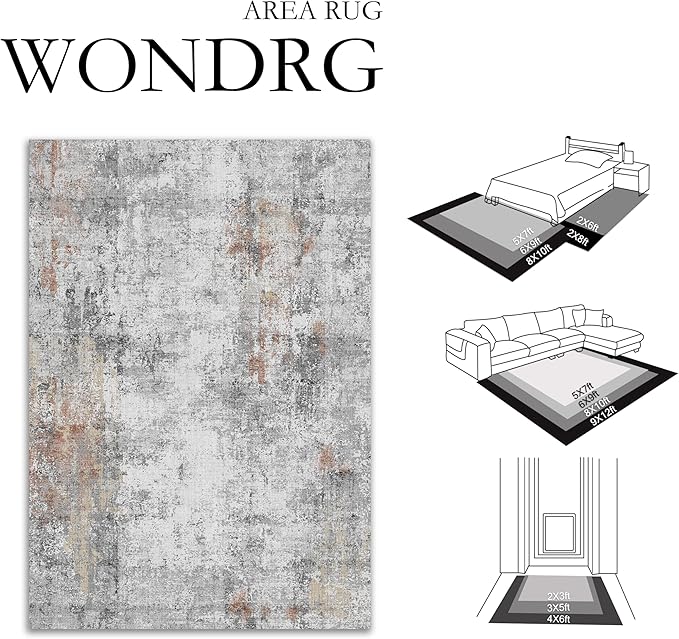 5x7 Washable Area Rug Grey Rust Modern Neutral Abstract Living Room Bedroom - Image 2