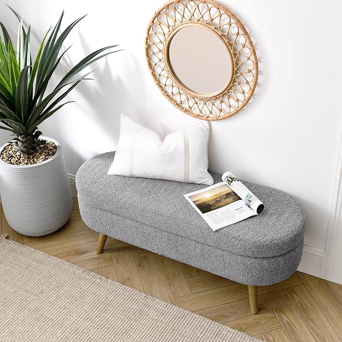 Oval Storage Bench 43.5" Linen Fabric Upholstered Entryway Bench - Image 3