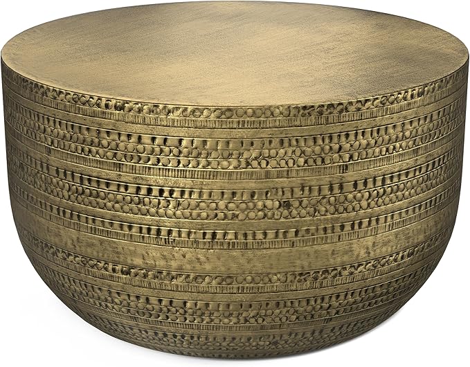 SIMPLIHOME Johnsen 30-inch Wide Metal Drum Coffee Table in Antique Gold by SimpliHome