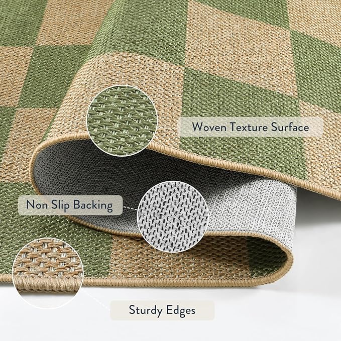 Lahome Checkered Entryway Runner Rug, 2x8 Green Washable Rug Runners - Image 3