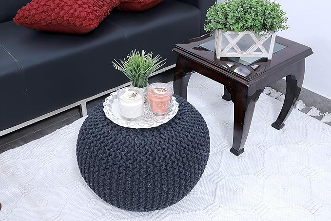 FRELISH DECOR Round Pouf Ottoman Hand Knitted 100% Cotton Pouf Foot Stool - Image 5