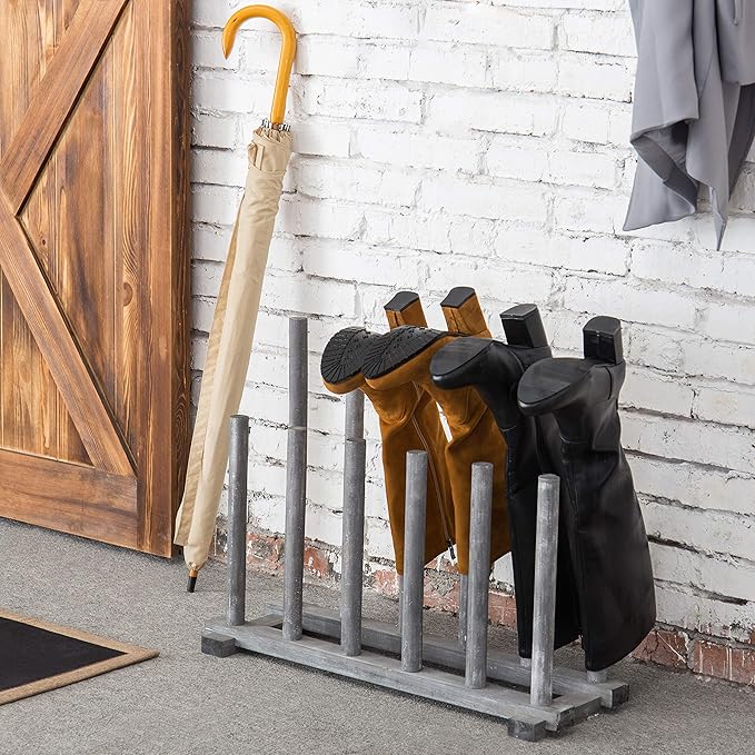 MyGift Coastal Graywashed Solid Wood Floor Standing Boot Holder Rack, Wooden - Image 2