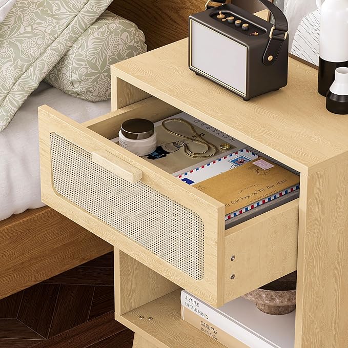 Rattan Nightstand with Opening Storage, Boho Bedside Table with Drawer - Image 5