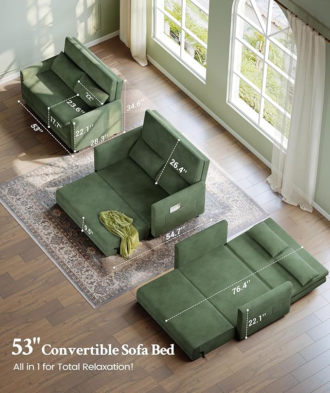 53” Convertible Sofa Bed Couch, Corduroy Couch Bed, 6-Position Loveseat Sleeper - Image 2
