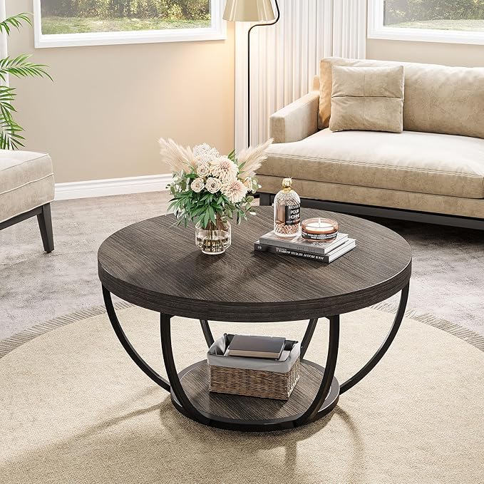 Tribesigns Round Coffee Table, 31.7" Wooden 2-Tier Circle Coffee Table - Image 5