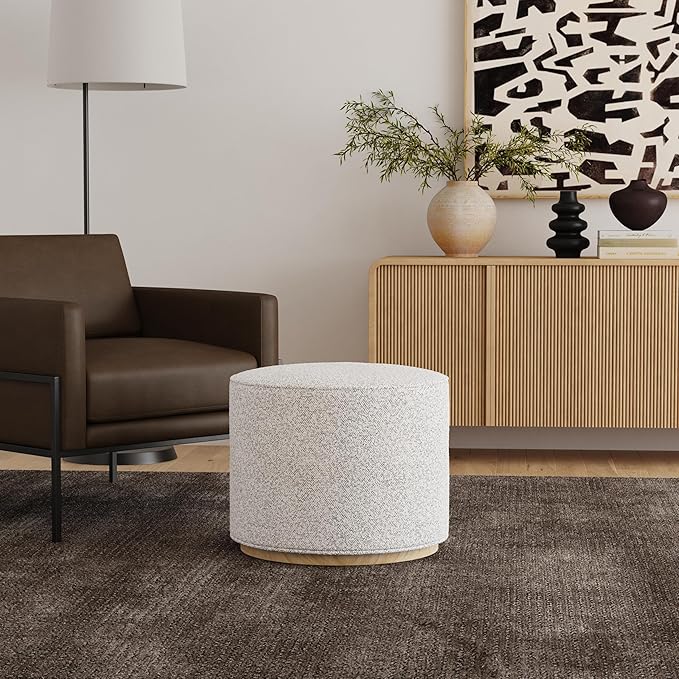 Bouclé Ottoman with Wooden Base – 22” Round Upholstered Footrest, Cream Bouclé - Image 2
