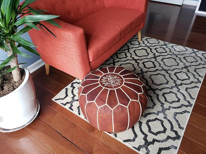 Stuffed Round Design Moroccan Leather Pouf Ottoman, Pre-Filled, 100% Genuine - Image 2