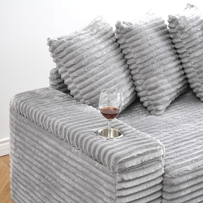 KEIKI 114" Corduroy Sofa with Cup Holders & Storage, L Shaped Sleeper Cloud - Image 4