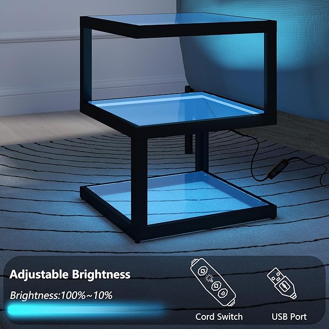 3-Tier Glass Table with LED Strip, Unique S-Shaped Design SideTable, Moderen - Image 9