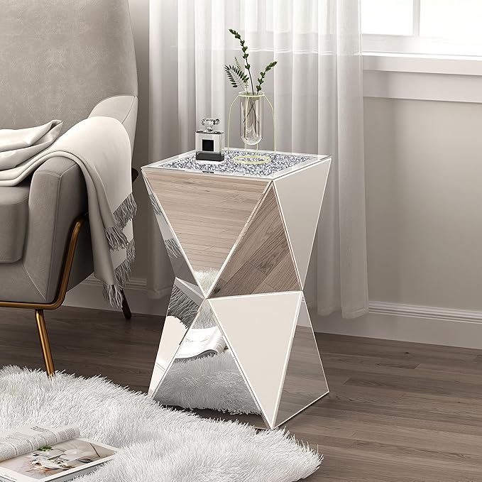 ENENE Mirrored Diamond Setting End Table Glass Decorative Side Table by ENENE