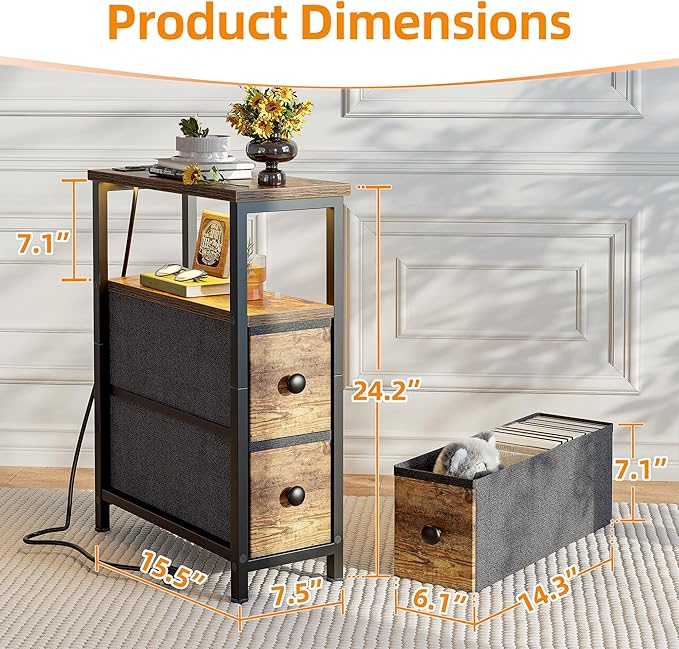 TIQLAB End Table with Charging Station, Narrow Side Table with 2 Fabric Drawers - Image 3