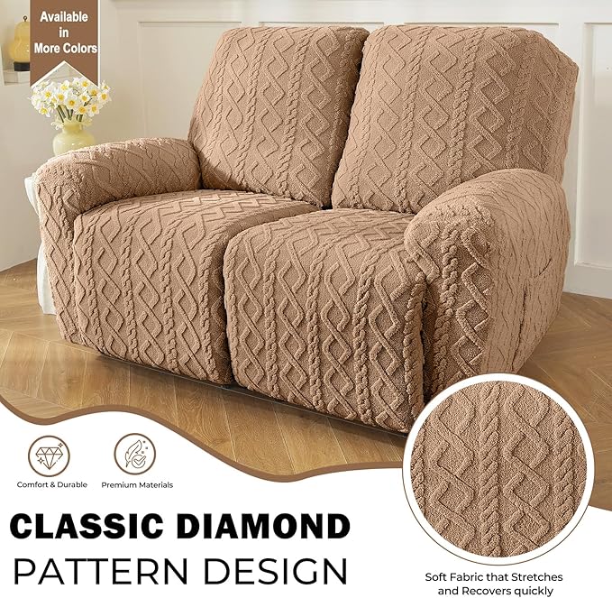 vctops 6 Pieces Geometric Jacquard Plush Recliner Loveseat Slipcovers Soft - Image 3
