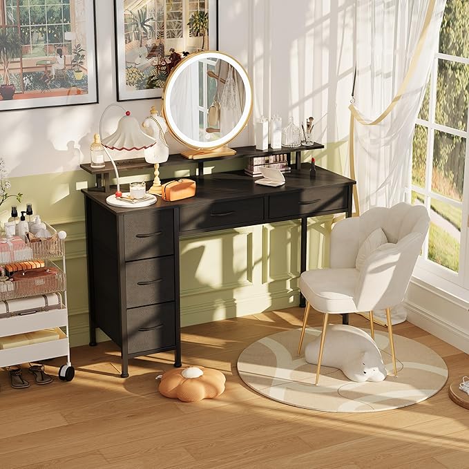 Computer Desk with 5 Drawers, Gaming Desk with LED Lights Power Outlets and - Image 5