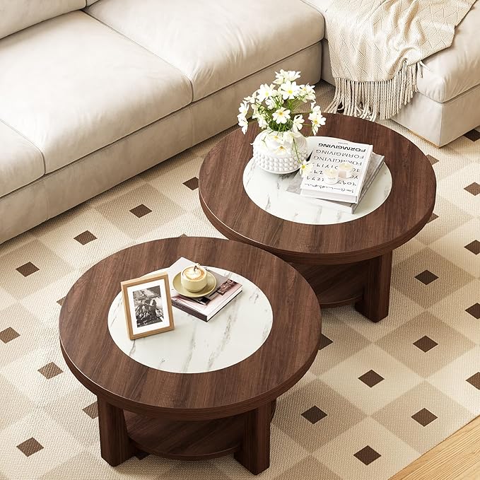LITTLE TREE Modern Round Coffee Table, 2-Tier Wood Coffee Table - Image 5