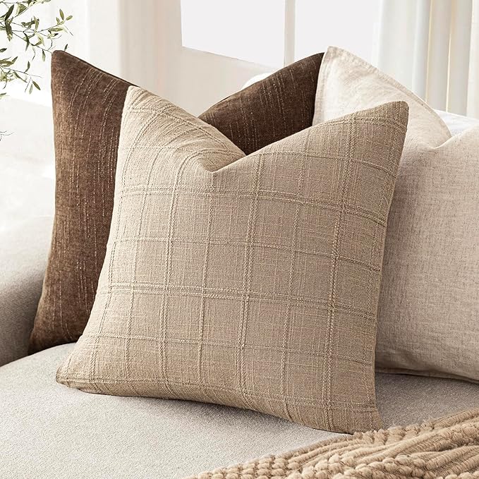 Foindtower Set of 2 Decorative Linen Check Throw Pillow Covers Neutral - Image 5