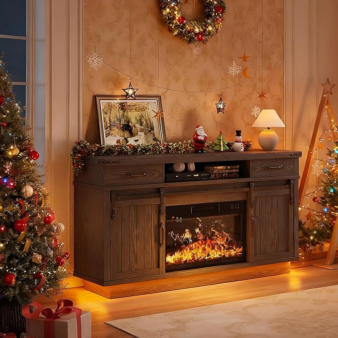 59'' Fireplace TV Stand with 3D Flame Electric Fireplace Heater, Entertainment - Image 6