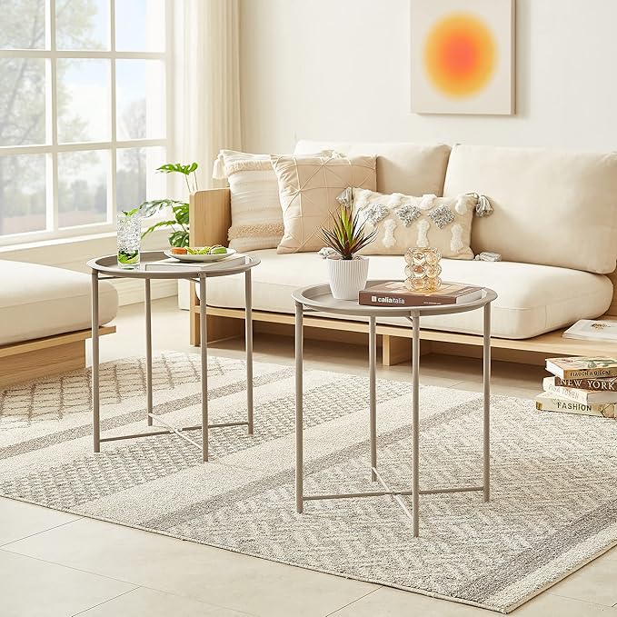 VECELO Side/End Table, Folding Round Metal Anti-Rust and Waterproof Outdoor or - Image 9