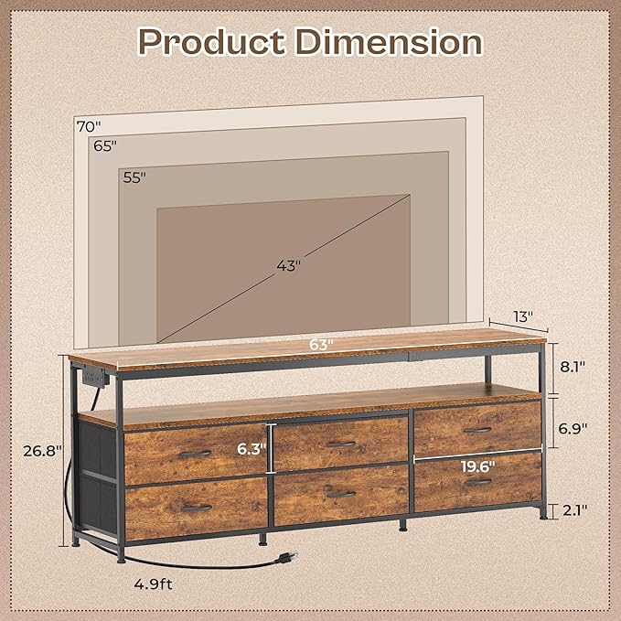 Huuger 63 Inch TV Stand for 55, 70 Inch TV, Long Dresser TV Stand for Bedroom - Image 2