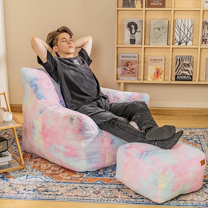 Bean Bag Chair, Sherpa Accent Beanbag Chair and Ottoman Set, Fur Faux BeanBag - Image 8